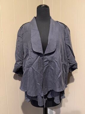 B38 LaRok Women’s Large Slate Blue Layered Silk Collared Beaded Blouse